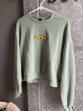 SHEIN Sage Green Sweatshirt with Yellow Sunflower Embroidery